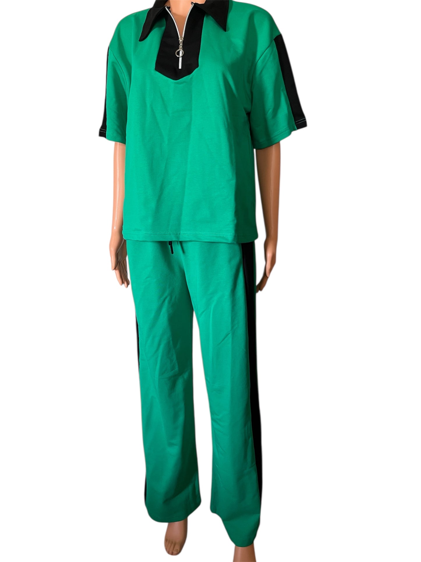 Tracksuit 2 Piece Set with Pockets 95% Cotton 5% Lycra Green Colorblock Design