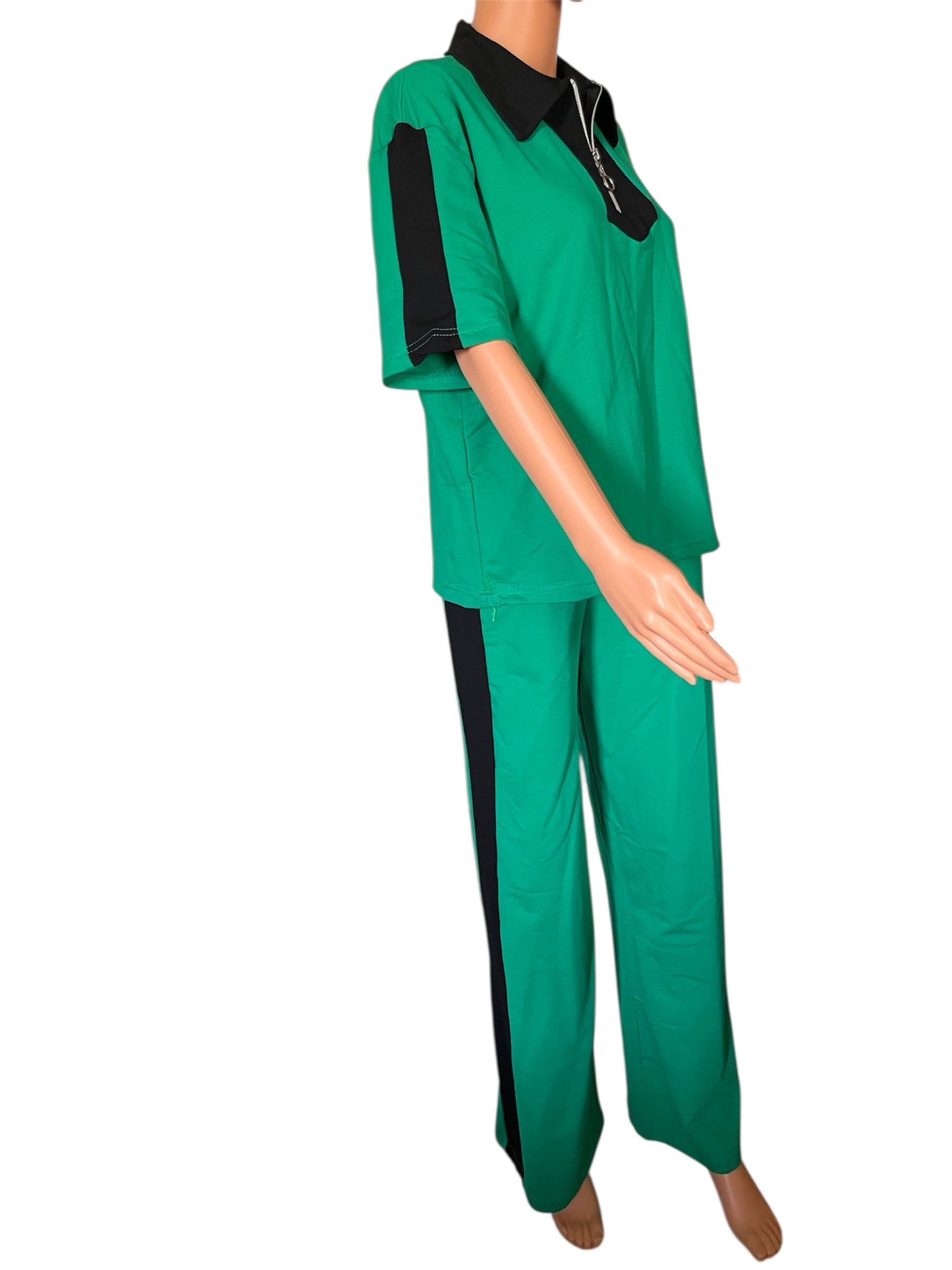 Tracksuit 2 Piece Set with Pockets 95% Cotton 5% Lycra Green Colorblock Design